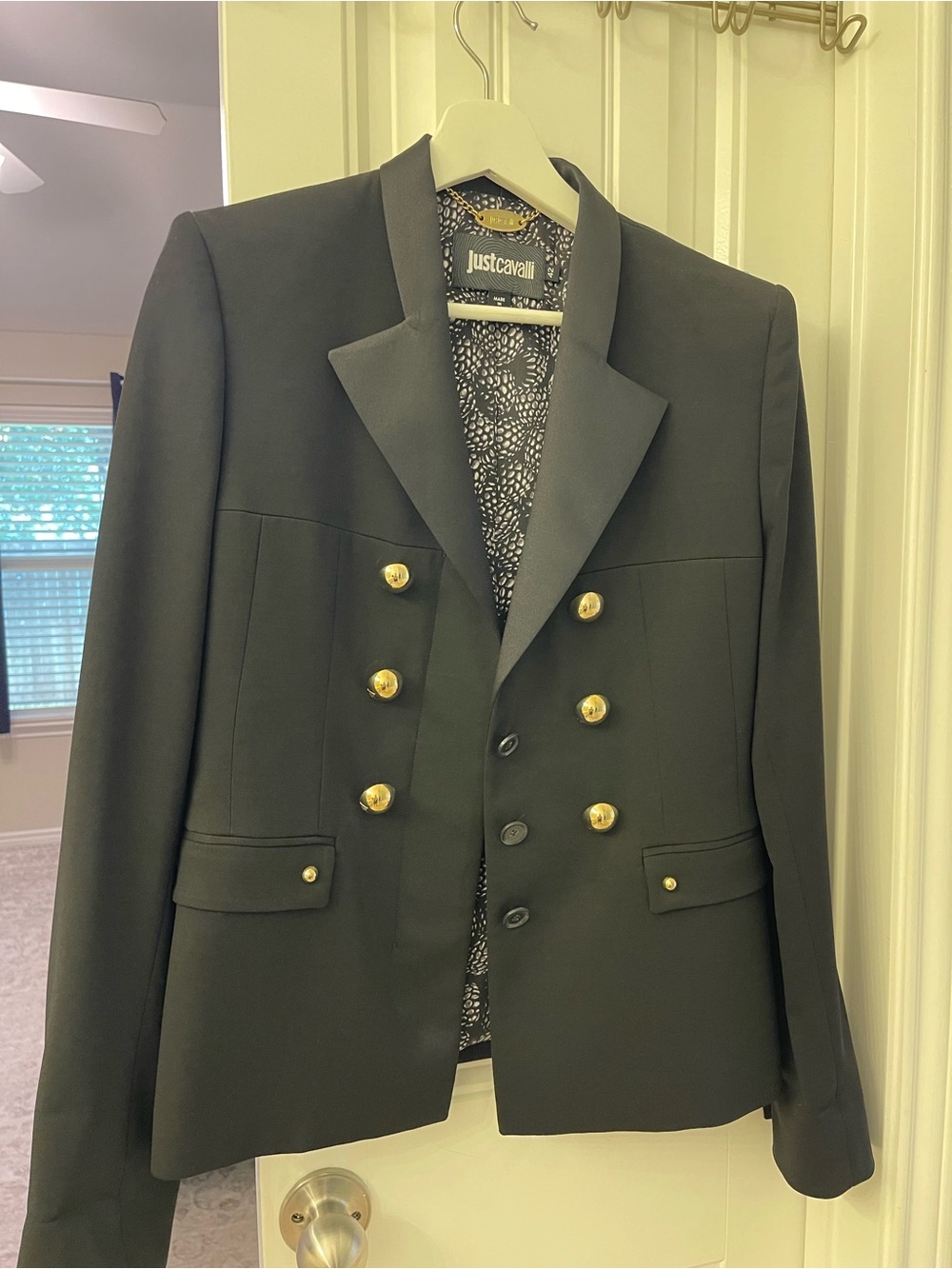 Just Cavalli Black Double-Breasted Pea Coat with Gold Buttons
